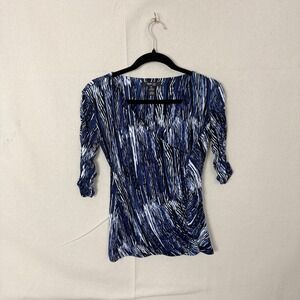 Style & Co Petite Blue Abstract Faux Wrap Ruched Top PP Small
